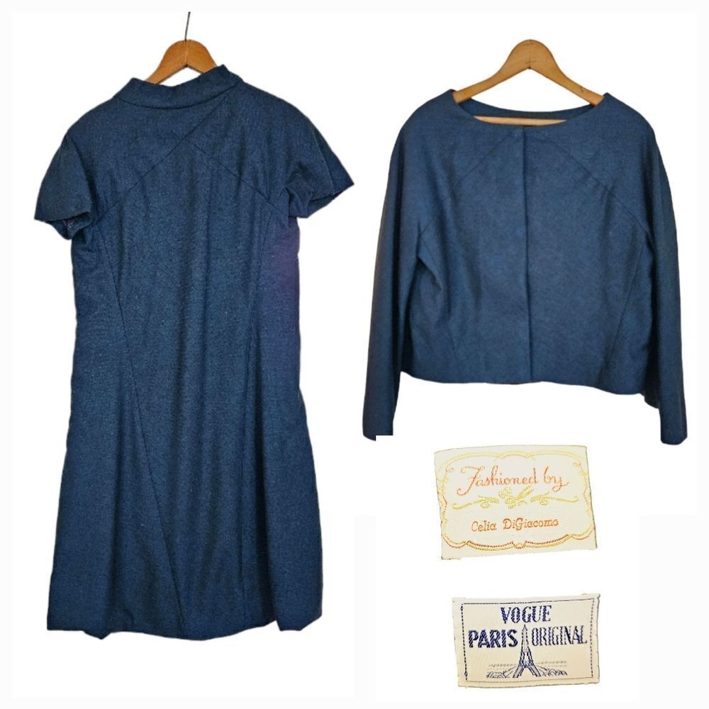 Vintage '50s Hand Made Mock Neck Short Sleeve Blue Wool Dress & Jacket Set 8